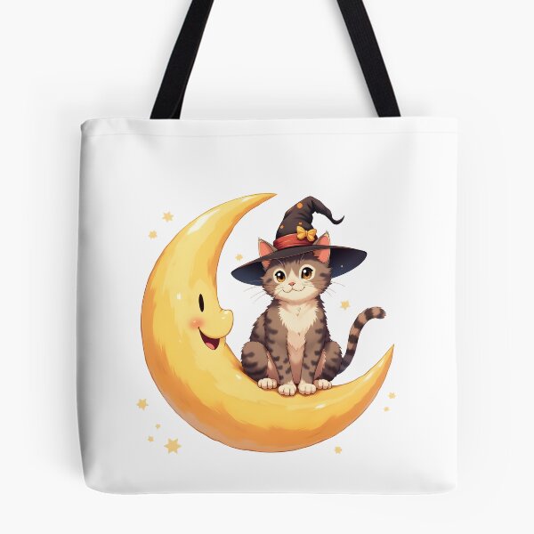 Item preview, A cat wearing a witch's hat stands on a crescent moon halloween designed and sold by Panya-Design.