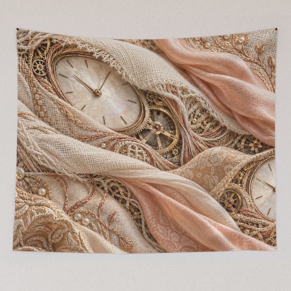 Item preview, Vintage Clockwork in Blush Silk and Lace – Romantic Steampunk Textile Art Print designed and sold by Kaleidoscope Print.