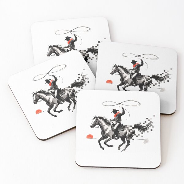 Item preview, Sumi-E Cowboy on Horseback, Wild West Ink Painting with Pixel Trail designed and sold by Sumi-Pixel.