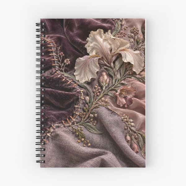 Item preview, Embroidered Iris Flowers on Plum Velvet and Blush Silk – Luxury Floral Textile Art Print designed and sold by Kaleidoscope Print.