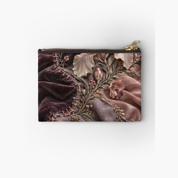 Item preview, Embroidered Iris Flowers on Plum Velvet and Blush Silk – Luxury Floral Textile Art Print designed and sold by Kaleidoscope Print.