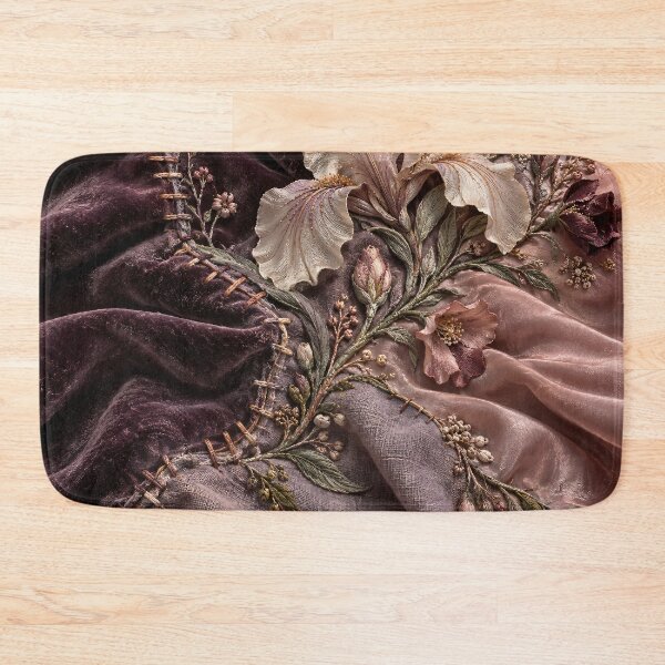 Item preview, Embroidered Iris Flowers on Plum Velvet and Blush Silk – Luxury Floral Textile Art Print designed and sold by Kaleidoscope Print.