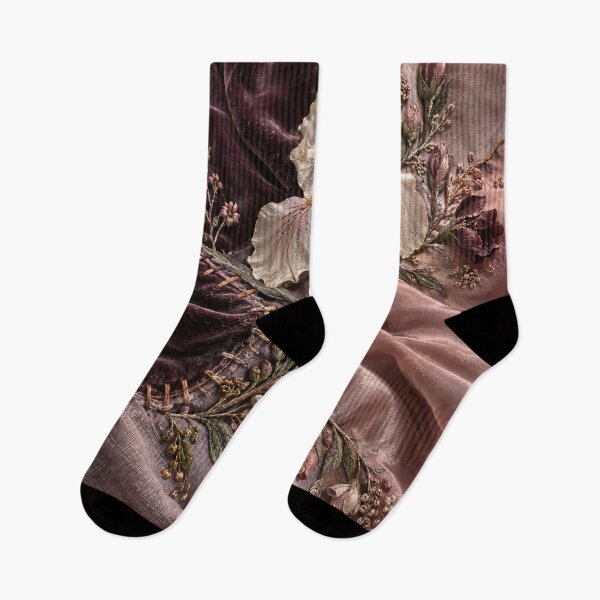 Item preview, Embroidered Iris Flowers on Plum Velvet and Blush Silk – Luxury Floral Textile Art Print designed and sold by Kaleidoscope Print.