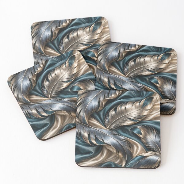 Item preview, Plumas metálicas sobre seda verde azulada y champán: estampado textil abstracto de lujo. designed and sold by Kaleidoscope Print.
