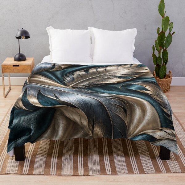 Item preview, Metallic Feathers on Teal and Champagne Silk – Luxury Abstract Textile Art Print designed and sold by Kaleidoscope Print.