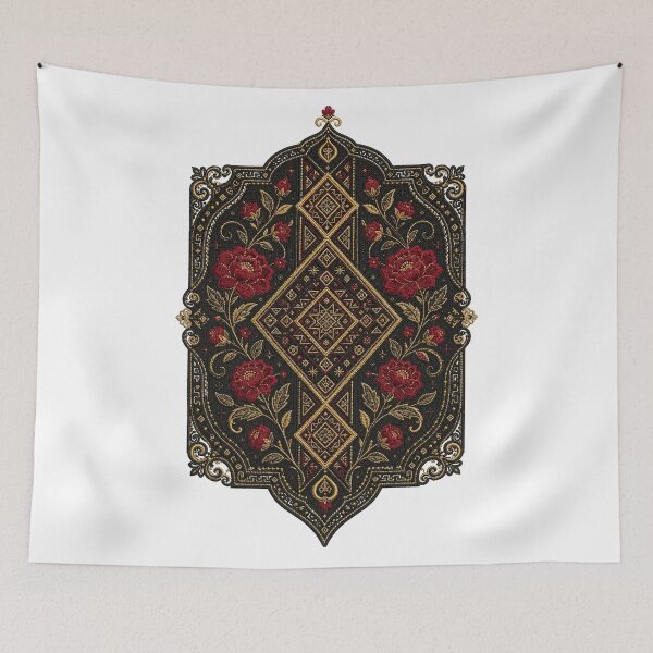 Item preview, Luxury Floral Embroidery Ornament – Black Gold & Crimson Roses designed and sold by aliyehc.