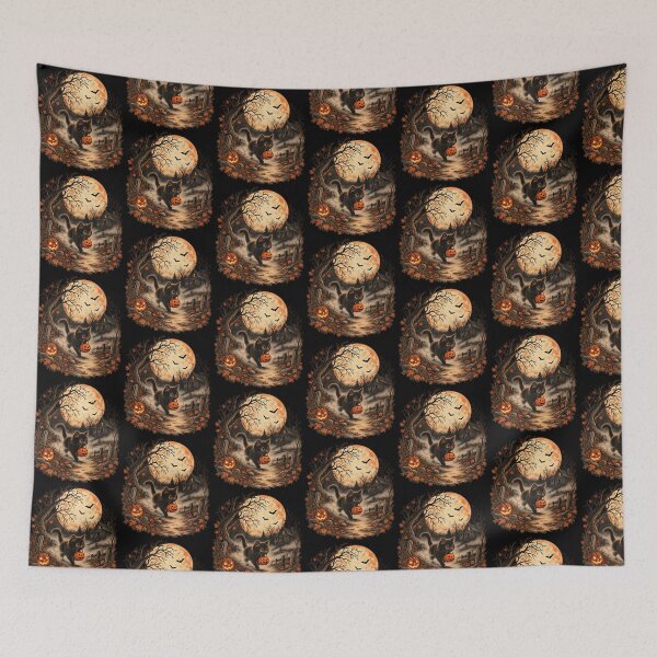 Item preview, Black Kitten Trick or Treat – Vintage Halloween Haunted House Art designed and sold by Vsajanas.