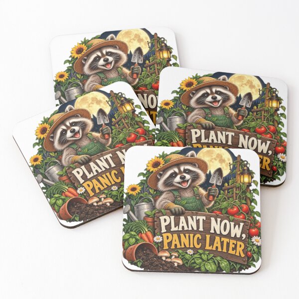 Item preview, Plant Now Panic Later Funny Raccoon Gardener designed and sold by Shubatdesigns.