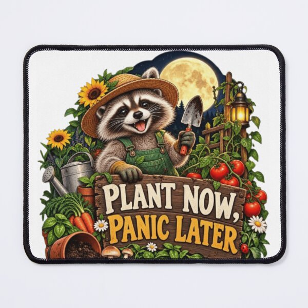 Item preview, Plant Now Panic Later Funny Raccoon Gardener designed and sold by Shubatdesigns.