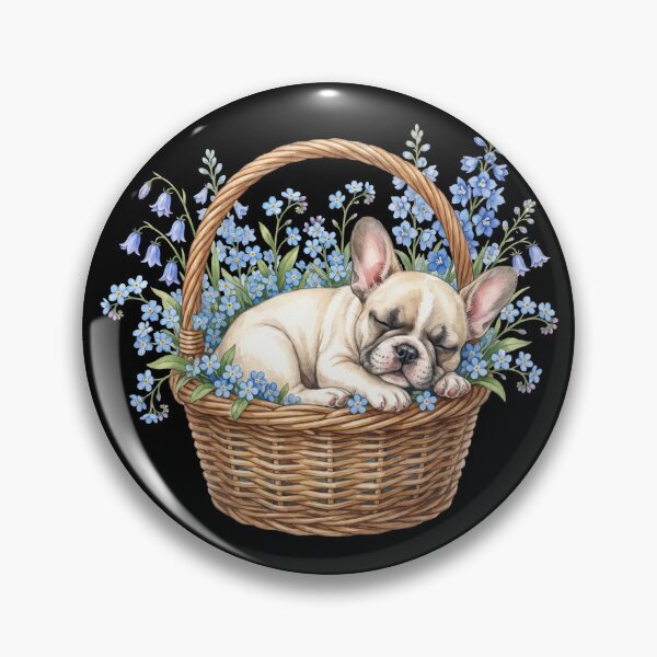 Item preview, Cute Sleeping Frenchie in Basket with Blue Flowers Watercolor designed and sold by PrintivoraHub.