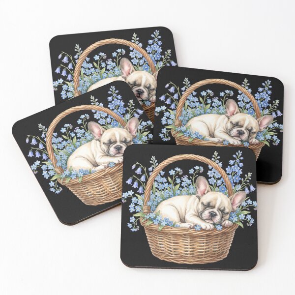 Item preview, Cute Sleeping Frenchie in Basket with Blue Flowers Watercolor designed and sold by PrintivoraHub.