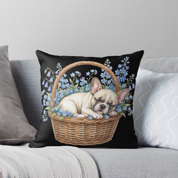 Item preview, Cute Sleeping Frenchie in Basket with Blue Flowers Watercolor designed and sold by PrintivoraHub.