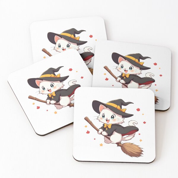 Item preview, A little cat in a witch costume riding a broomstick happy halloween designed and sold by Panya-Design.