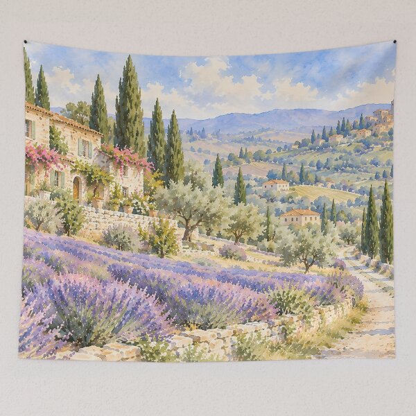 Item preview, Cottagecore Lavender Fields Tuscan Villa Watercolour designed and sold by Jozefin's Studio.