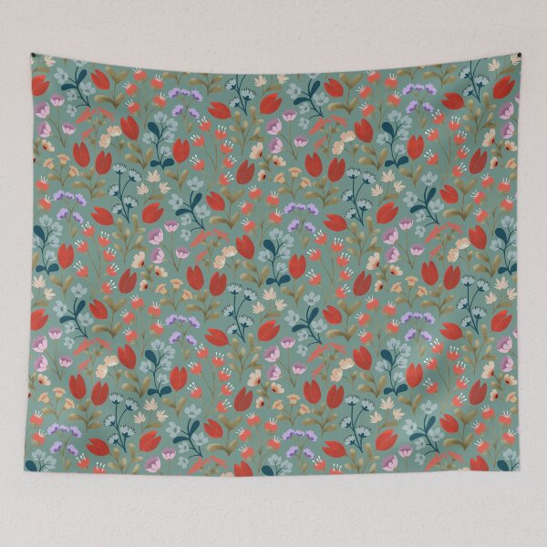 Item preview, Florals with Reds and Blues peaches and purple Teal Background designed and sold by Sheila McDowell Design.