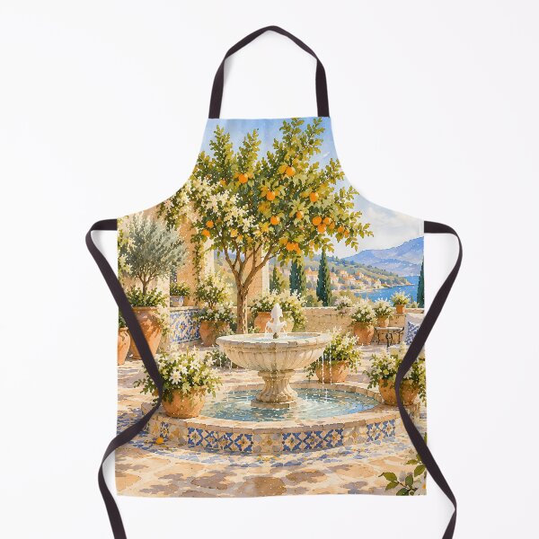 Artikelvorschau, Aquarellgemälde eines rustikalen mediterranen Hofbrunnens entworfen und verkauft von Jozefin's Studio.