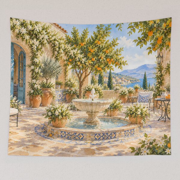 Item preview, Rustic Mediterranean Courtyard Fountain Watercolour Painting designed and sold by Jozefin's Studio.