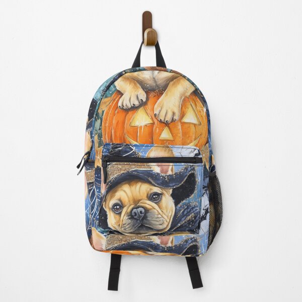 Artikelvorschau, Halloween-Welpe aus der Französischen Bulldogge mit Kürbis – Beige Frenchie Hexenkunst entworfen und verkauft von elisarasada.