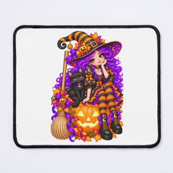 Item preview, Purple Witch on Pumpkin with Black Cat – Cute Halloween Magic designed and sold by The Cutting Room.