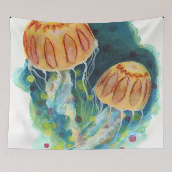 Item preview, Two Jellyfish Orange and Blue Minimalist designed and sold by ArtByKiraQuinn.
