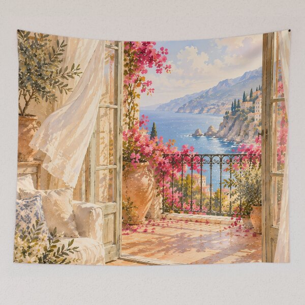 Item preview, Rustic Mediterranean Terrace Bougainvillea Oil Painting designed and sold by Jozefin's Studio.