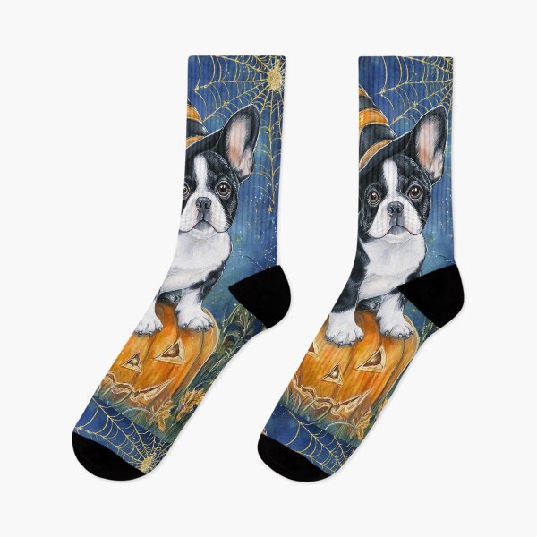 Aperçu de l'œuvre Chiot bouledogue français d'Halloween sur une citrouille – Décoration murale Bouledogue français avec chapeau de sorcière créée et vendue par elisarasada.
