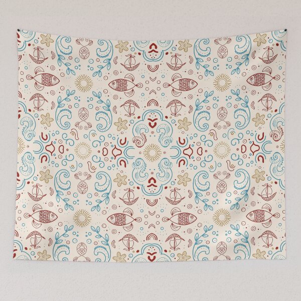 Item preview, Nautical Pattern Fish Anchor Waves Cream designed and sold by Mindful Wall Art Studio.