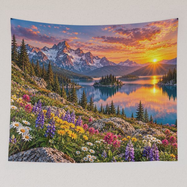 Artikelvorschau, Bergsee Sonnenuntergang Wildblumen Alpen Landschaft entworfen und verkauft von Shubatdesigns.
