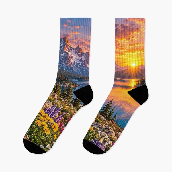 Artikelvorschau, Bergsee Sonnenuntergang Wildblumen Alpen Landschaft entworfen und verkauft von Shubatdesigns.
