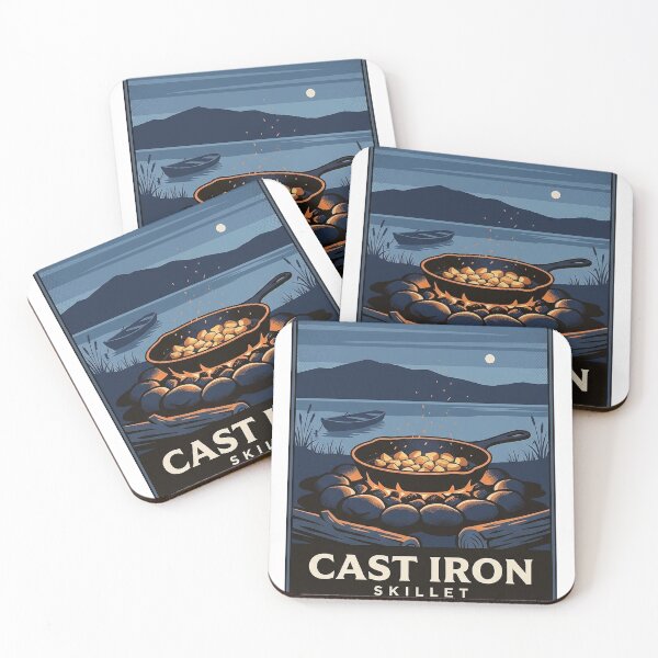 Item preview, Cast Iron Skillet Lakeside Camp Dusk Retro Travel Poster Sticker designed and sold by DetourDgn.