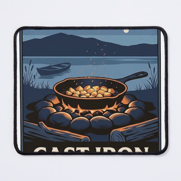 Item preview, Cast Iron Skillet Lakeside Camp Dusk Retro Travel Poster Sticker designed and sold by DetourDgn.