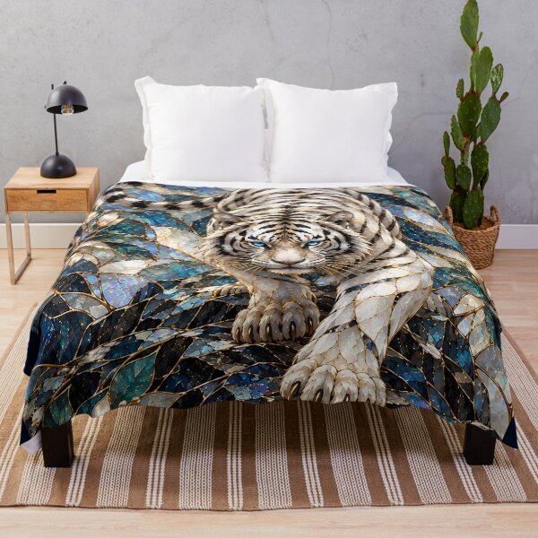 Item preview, White Tiger in Blue Stained Glass Botanical Art designed and sold by ManJiangHong.