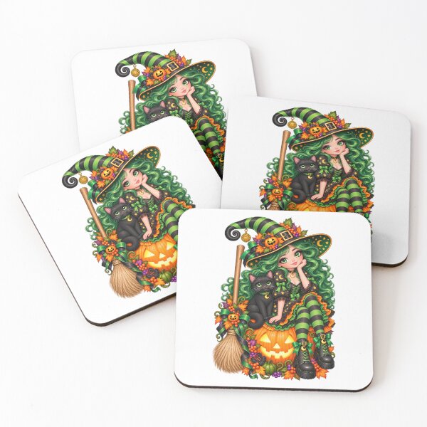 Item preview, Green Witch & Black Cat on Pumpkin – Cute Halloween Art designed and sold by The Cutting Room.