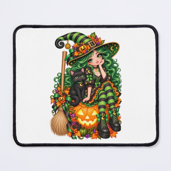 Item preview, Green Witch & Black Cat on Pumpkin – Cute Halloween Art designed and sold by The Cutting Room.
