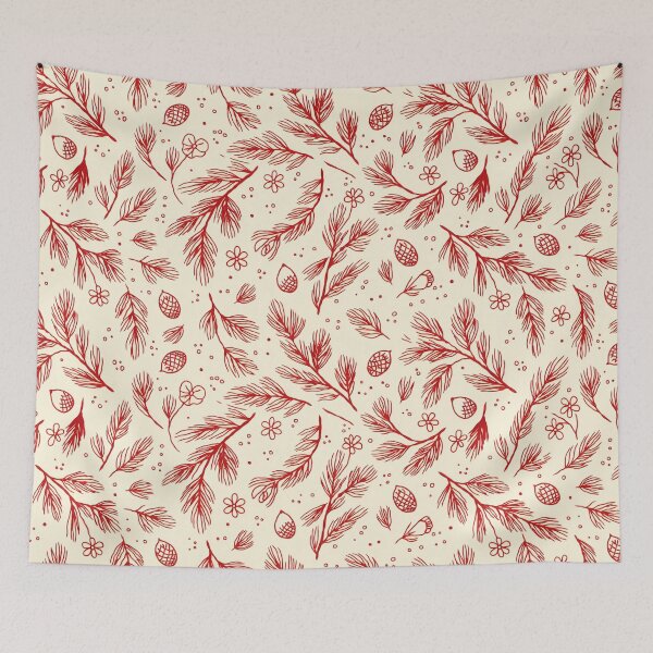Item preview, Red Feather Pinecone Botanical Fall Pattern on Cream designed and sold by Mindful Wall Art Studio.