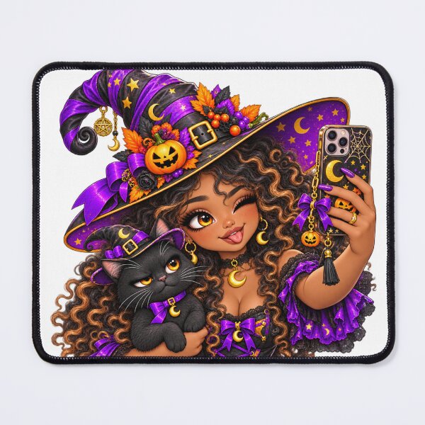 Artikelvorschau, Hexen-Selfie mit schwarzer Katze – Niedliches Halloween-Vertrautes entworfen und verkauft von The Cutting Room.