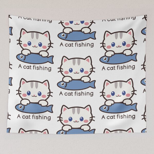Item preview, A Cute Cartoon White Cat Holding a Fish designed and sold by MySimpleFlow.