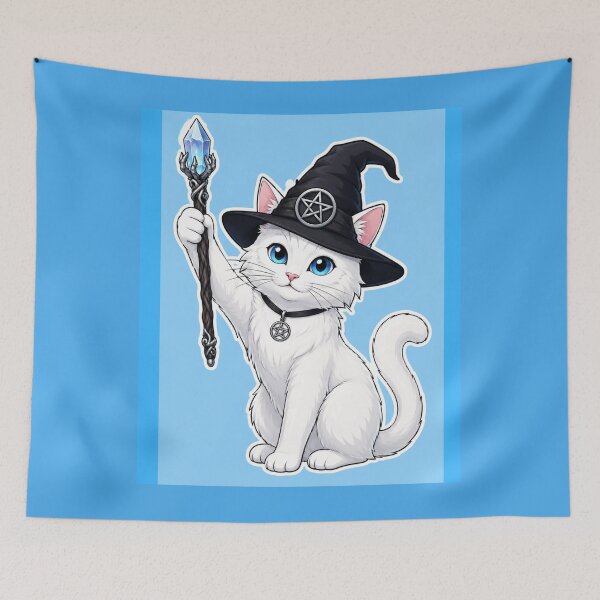 Aperçu de l'œuvre Chat sorcière de magie blanche avec baguette et pentacle créée et vendue par Witch Joseph.