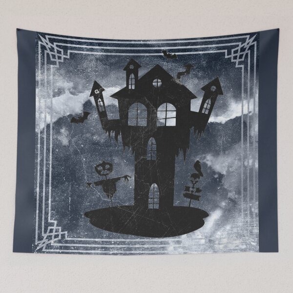 Item preview, Creepy Halloween Haunted House Scarecrow Bats Moonlit Blue designed and sold by Ghoul Enterprises.