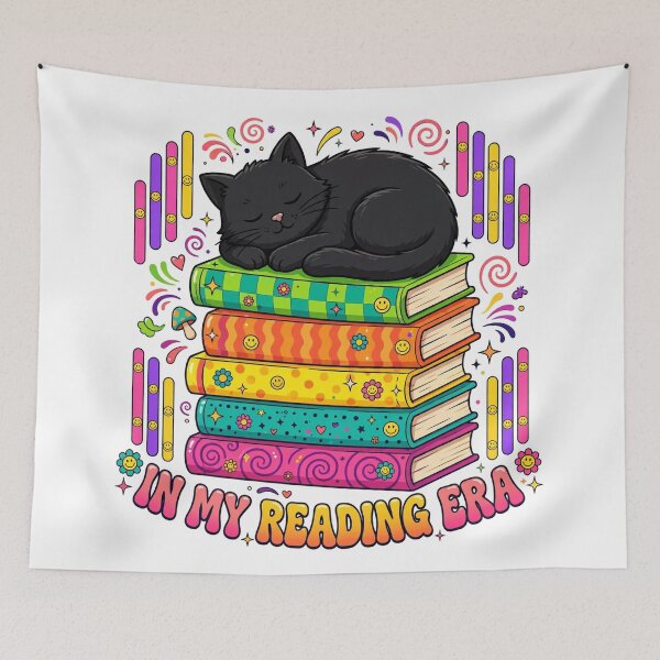 Item preview, In My Reading Era - Black Cat on Rainbow Book Stack designed and sold by HexAndHearth.