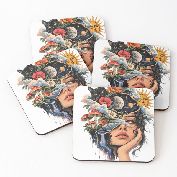 Item preview, Surreal Cosmic Dreamer – Mystical Woman, Moon, Cat & Celestial Garden designed and sold by GoldenSparkleShop.