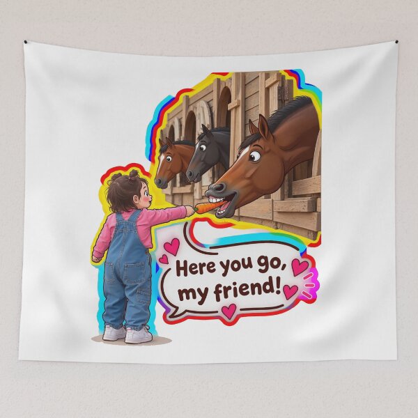 Item preview, Funny Cartoon Horse Eating Carrot from Little Girl – Here You Go My Friend Sticker | Horse Lover Gift designed and sold by aliyehc.