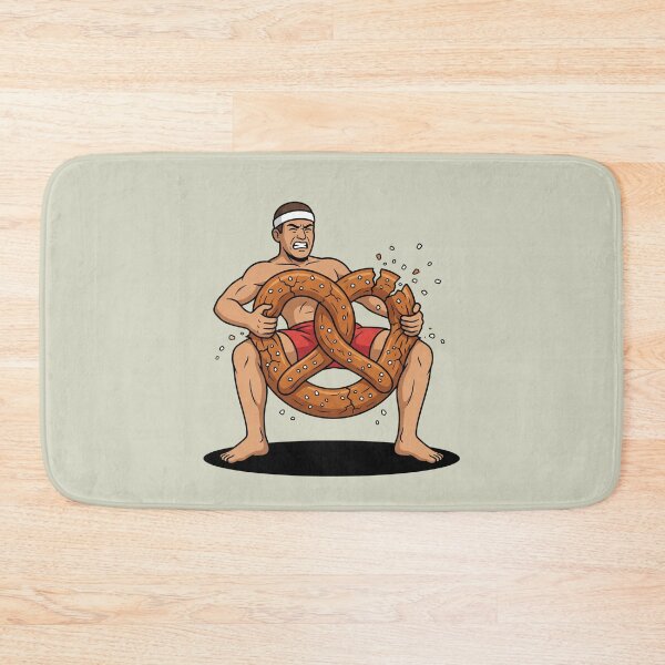 Aperçu de l'œuvre Un athlète amusant serre un bretzel salé géant pendant son entraînement créée et vendue par Rare By Hero.