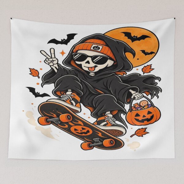 Aperçu de l'œuvre Halloween Skeleton Skateboarder – Spooky Skater Cartoon Art créée et vendue par RAYBIL.
