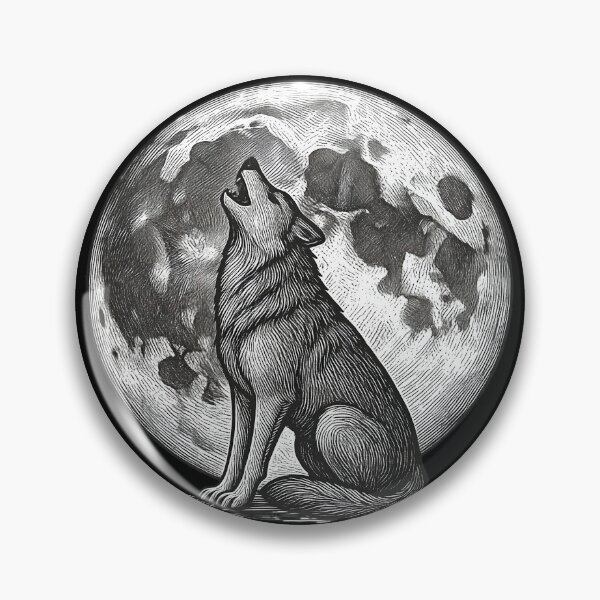 Artikelvorschau, Heulender Wolf bei Vollmond – Holzschnittillustration – Vintage-Tuschezeichnung eines Wolfes entworfen und verkauft von OLYUS.