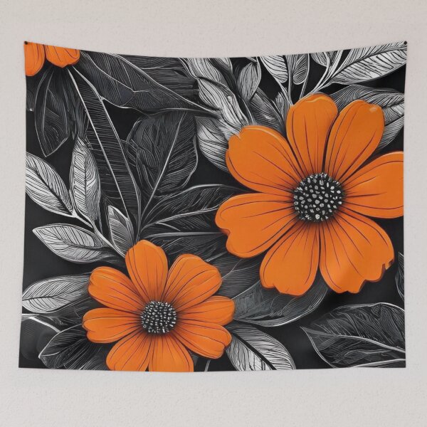 Item preview, Vibrant Orange Flowers on Black — Monochromatic Floral Seamless Pattern designed and sold by LYAN-STORE.