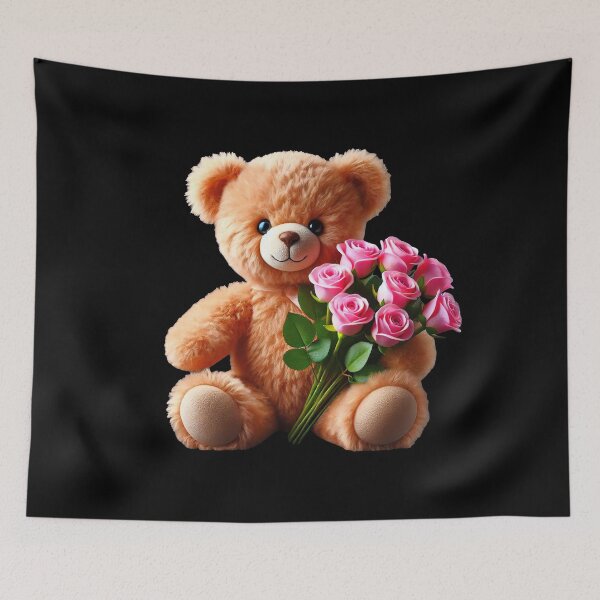 Item preview, Adorable Cuddly Teddy Bear with Pink Roses on BlackShapes Mania designed and sold by Shapes-Mania.
