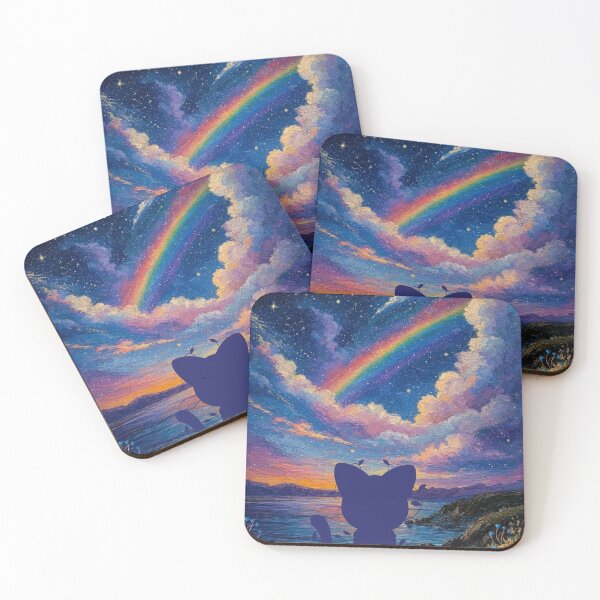 Item preview, Cute Cat Silhouette Watching Rainbow and Starry Galaxy Sky at Night designed and sold by bakosshops.