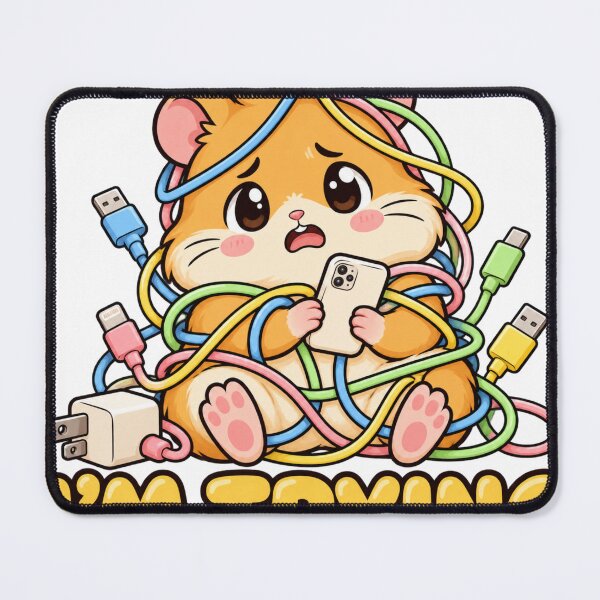Item preview, I'm Trying – Funny Tangled Hamster with Phone and Charging Cables designed and sold by The Tired Animal Club.
