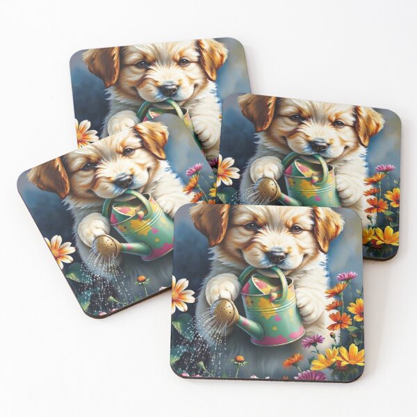 Item preview, An adorable puppy in a garden with a watering can and flowers designed and sold by LavIsInTheAir.